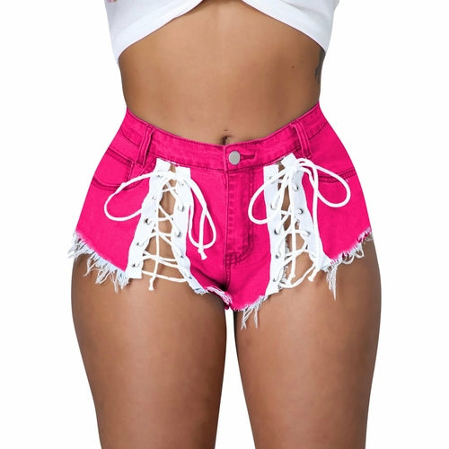 Women's Lace-Up Micro Tassel Denim Hot Pants