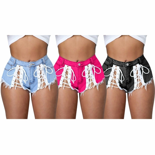 Women's Lace-Up Micro Tassel Denim Hot Pants